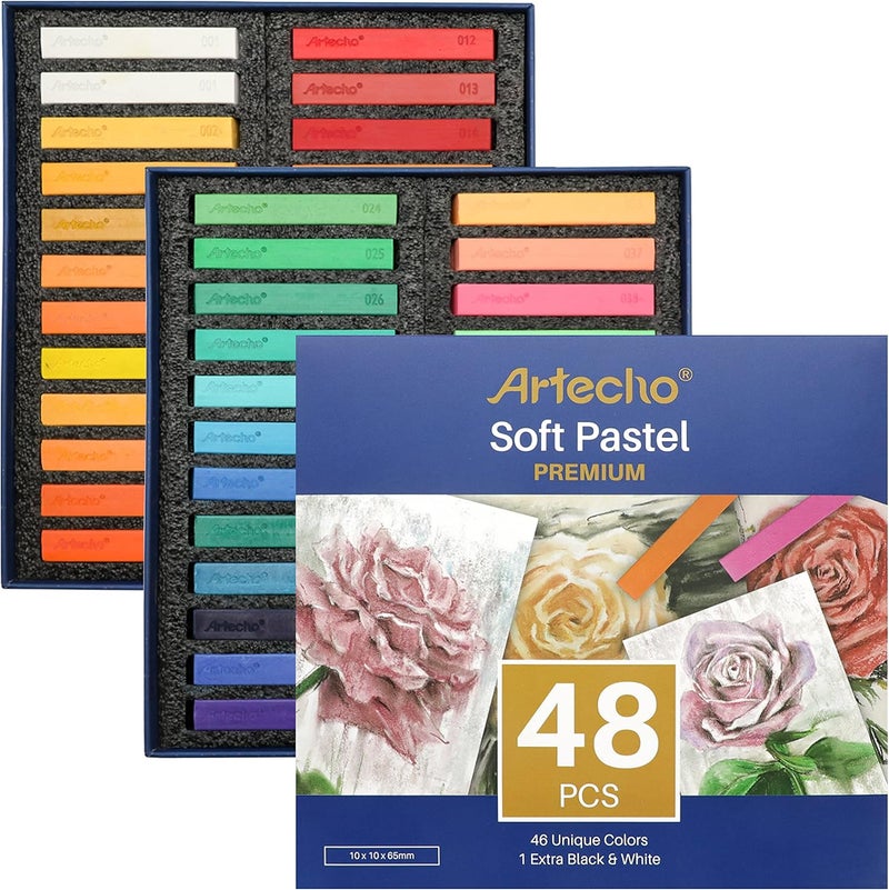 Artecho 48pcs Soft Pastels, 46 Colors Including 4 Fluorescent Colors, Extra Free Black & White, Square Chalk for Drawing, Blending, Layering, Shading, Pastels Art Supplies - Image 1